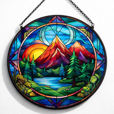 Stained Glass Suncatcher, Mountain Lake Sunset Window Hanging, Real Mountains