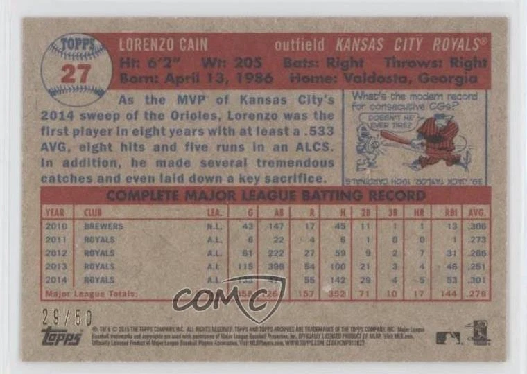 2015 Topps Archives Gold /50 Lorenzo Cain #27 - Image 2 of 2