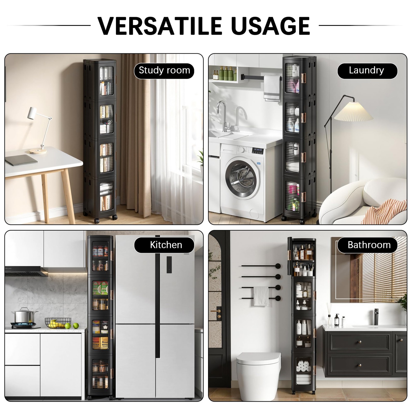 4-Tier Tall Narrow Storage Cabinet with Movable Wheels, Adjustable Shelves, A...