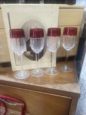 Waterford Crystal Simply Red Ruby Glass Cordials 2004 Set 4 Cordial 7” Glasses