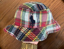 Polo Ralph Lauren Pony Navy Blue Sun Bucket Kids Boys Reversible Plaid 18M-3T