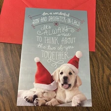 Merry Christmas Son and Daughter In Law Cute Dog5.5”x8” Hallmark Greeting Card