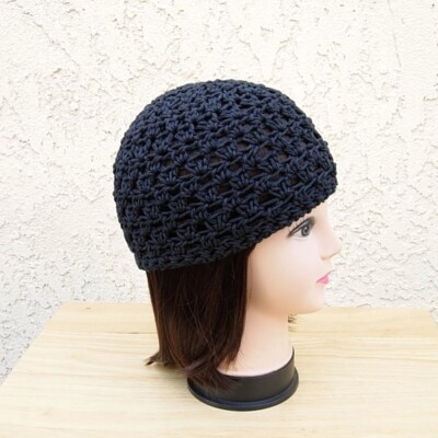 Solid Black Cotton Crochet Knit Hat Summer Beanie Women's Chemo