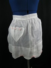 VINTAGE LADIES Pink/White NYLON Embroidery KITCHEN APRON Heart Pocket Sz SM