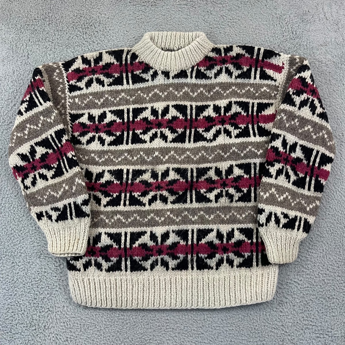 Vintage Ecuador Sweater Mens XL Aztec Fair Isle Handmade Wool Knit 