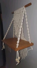 SOLID OAK & MACRAME Hanging Mid Cen Mod Style Wall Display Shelf!