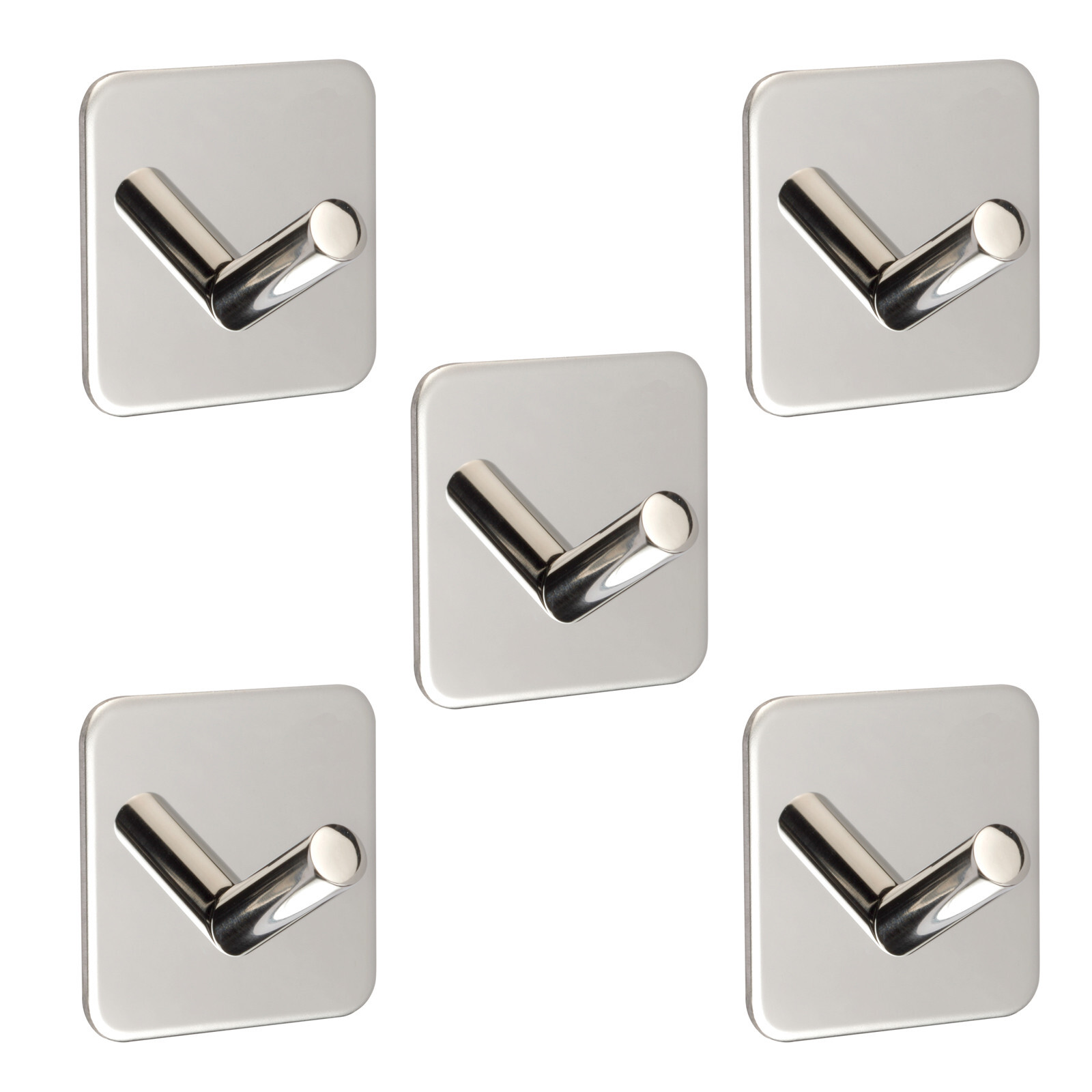 Polished Stainless Steel Modern Coat Hooks on Self Adhesive Backplate (5 Pack)