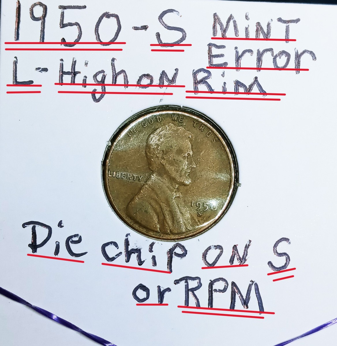 1950 S Wheat Penny Multiple Errors L on Rim DDO Die chip on S Look