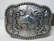 Nocona Western Horsehead Antiqued Silver Adult Belt Buckle w/ Berry Edge