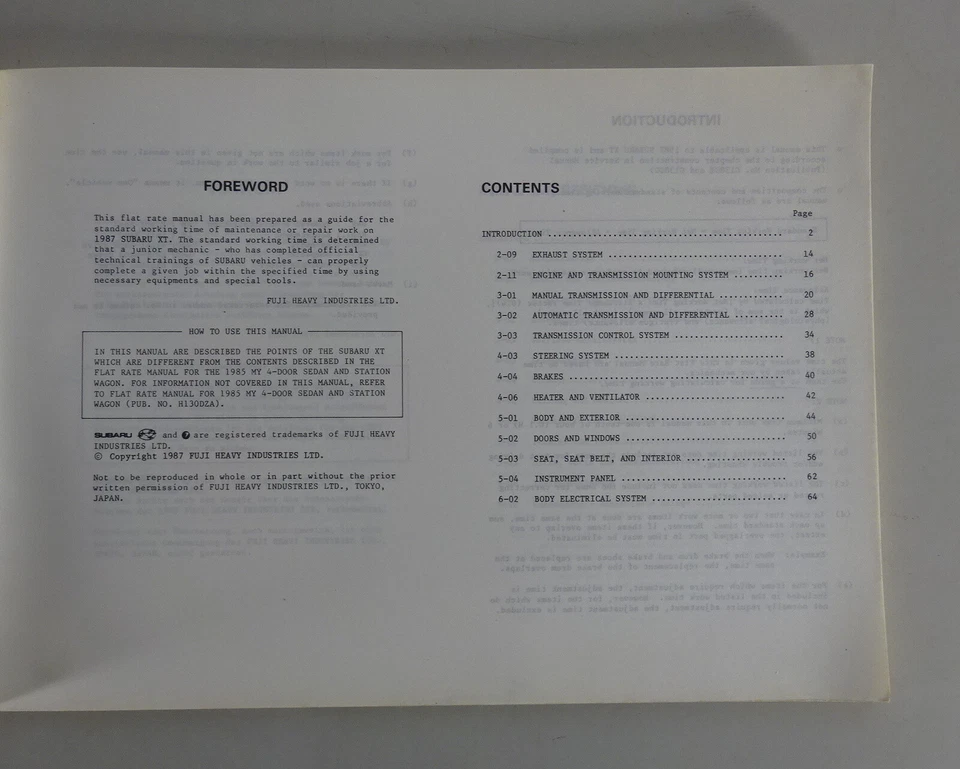 Arbeitsrichtzeiten/Manual de Taller Subaru XT Stand 02/1987 - Imagen 2 de 4