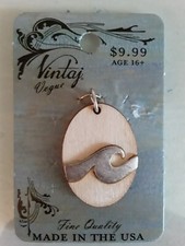 Vintaj Vogue Oval Natural Wood & Pewter Meridian Wave Pendant Made in USA 1.25"