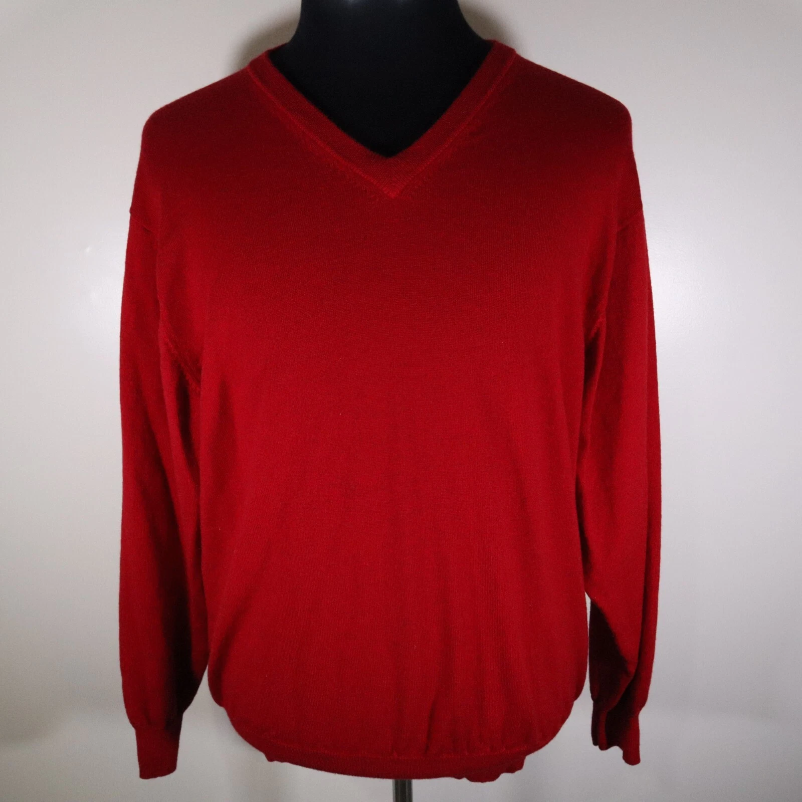 Jos A Bank Sweater Mens XL Signature Merino Wool Pullover V-Neck Red Long Sleeve