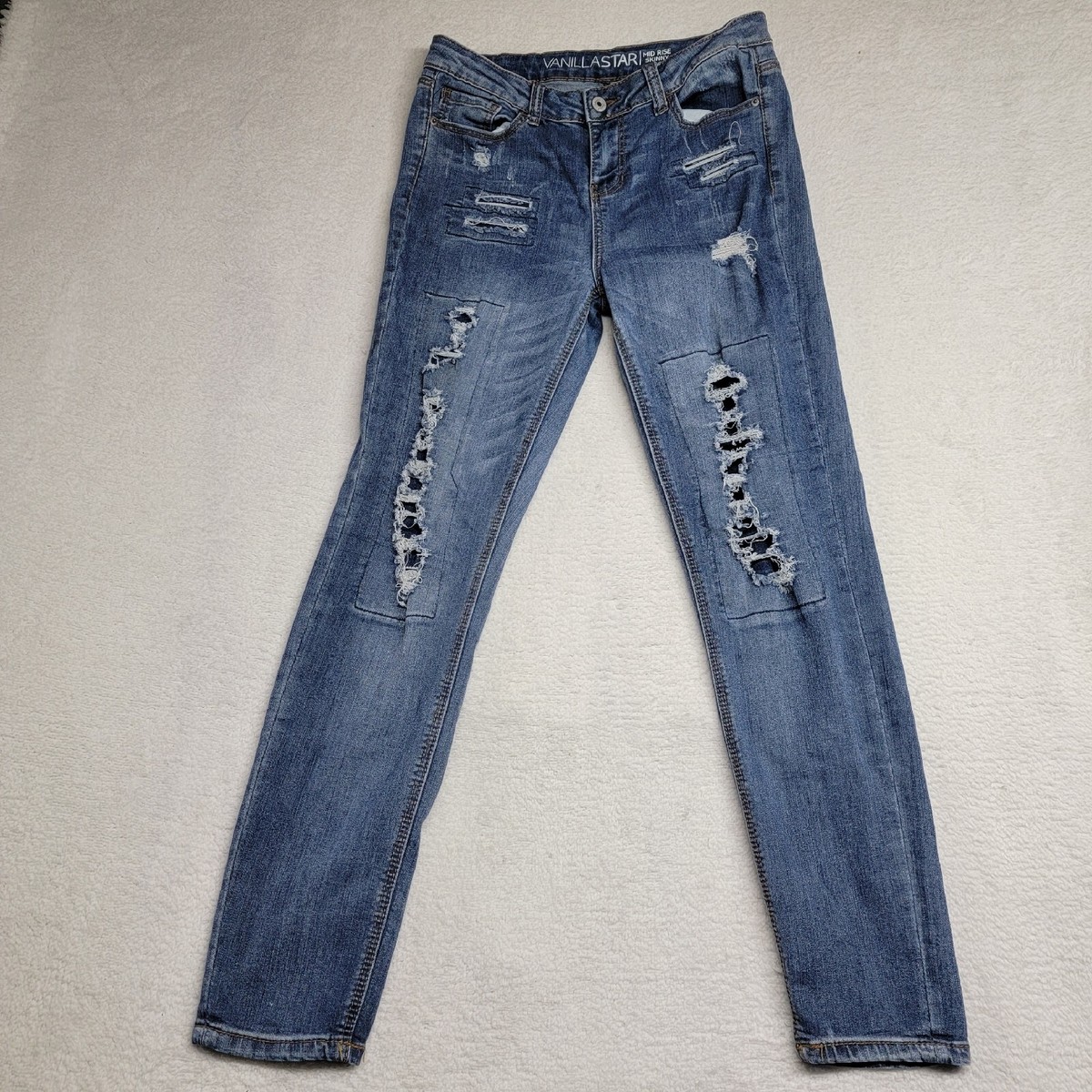 Vanilla Star Mid Rise Skinny Jeans Size Distressed Blue