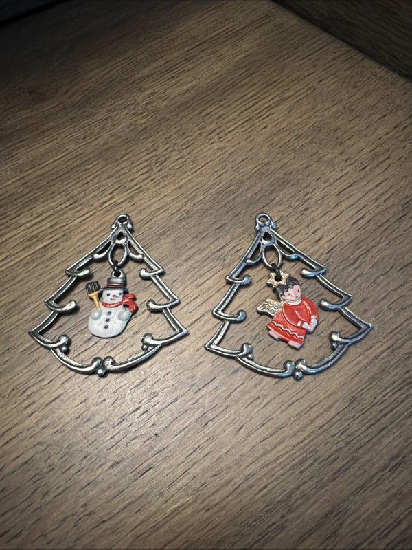 Lot of 2 German Pewter Ornaments Christmas Trees w/ swinging Angel & Snowman