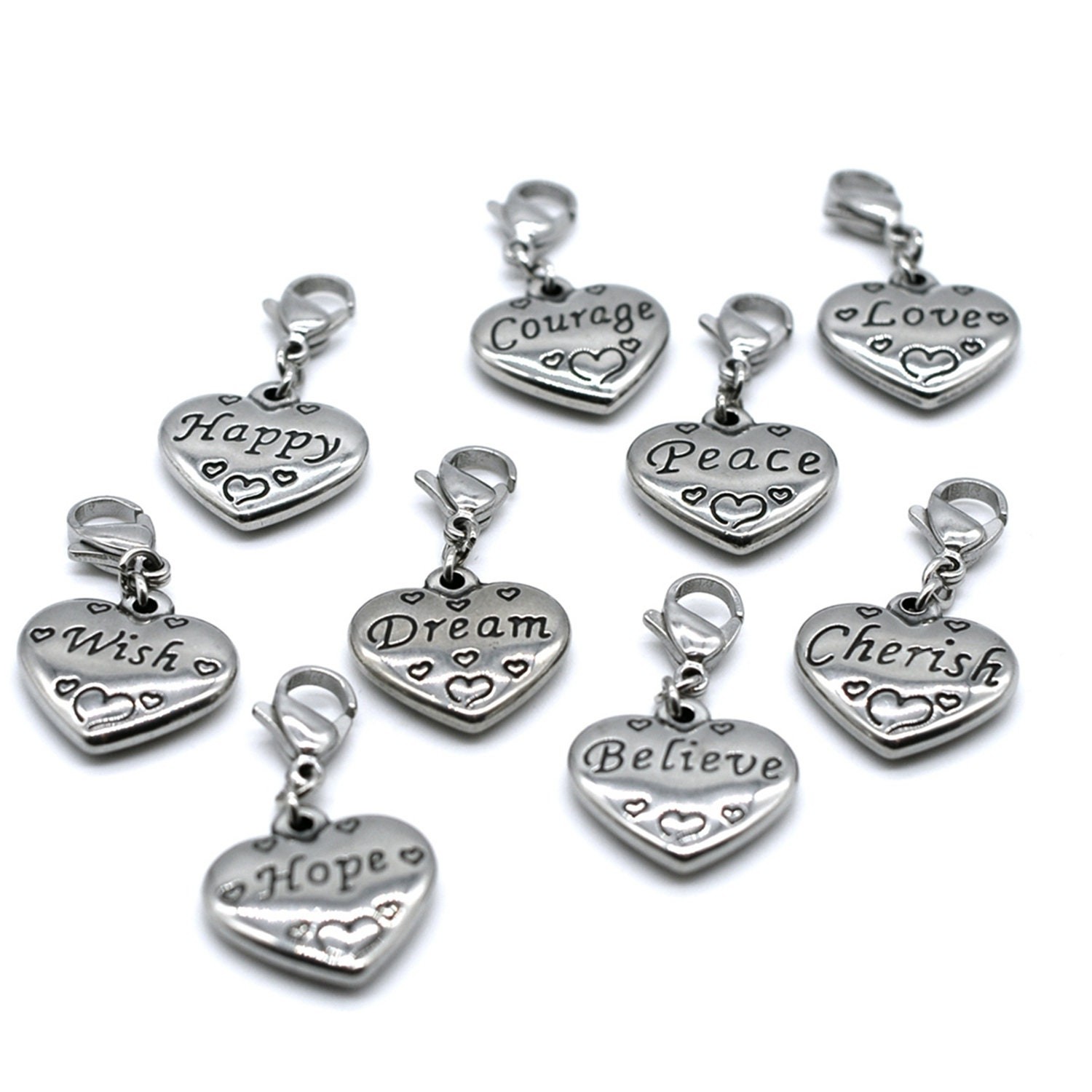 9PCS 9 Words Stainless Steel Clip-on Charm Collection, Believe, Cherish, Courag