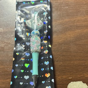 Novelty Ballpoint Pen w/ Cat Charm, Blue Pink, Beaded Glitter, Heart Pattern