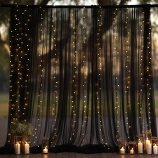 10x10ft Black Tulle Backdrop Curtain with Lights String for Parites, Sheer