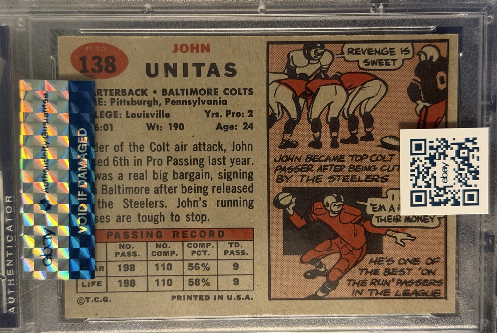 John Unitas 1957 Topps #138 PSA EX-MT 6 view 2