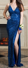 Jovani, Blue Sequin Prom Dress with Knot & Left Leg Slit (From Castle Couture)