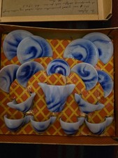 VTG 14 Pc Akro Blue Marbleized/Onyx Child's Tea Set In Original Box