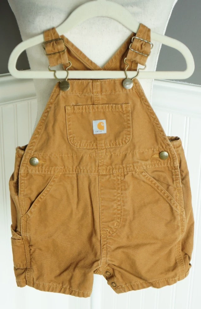 Carhartt Toddler Overall Bibs Size 18M Brown Canvas Snap Bottom Shorts