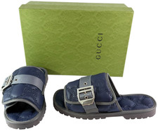 GUCCI 776792 Blue Fabric GG Quilted Buckle Men's Sandals 10 - 10.5US