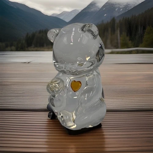 VTG Fenton Glass Birthstone Bear NOVEMBER Amber Topaz Heart Figurine 3.5”