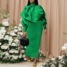 Women's Green High Neck Lantern Sleeve Bodycon Maxi Dress Plus Size 2XL