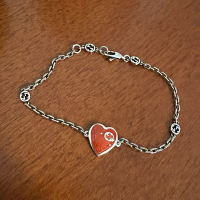 GUCCI 925 Sterling Silver Rolo Chain Bracelet w/ Red Enamel Heart (authentic)