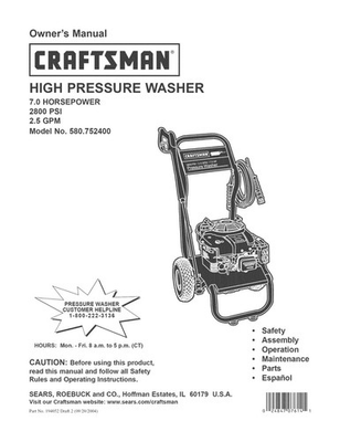 #ad Owners Manual amp; Parts List Craftsman 2800 PSI Pressure Washer Model 580.752400 $19.95