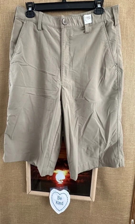 Under Armour men’s activewear tan short 38 stretch flat solid zipper loose Indon