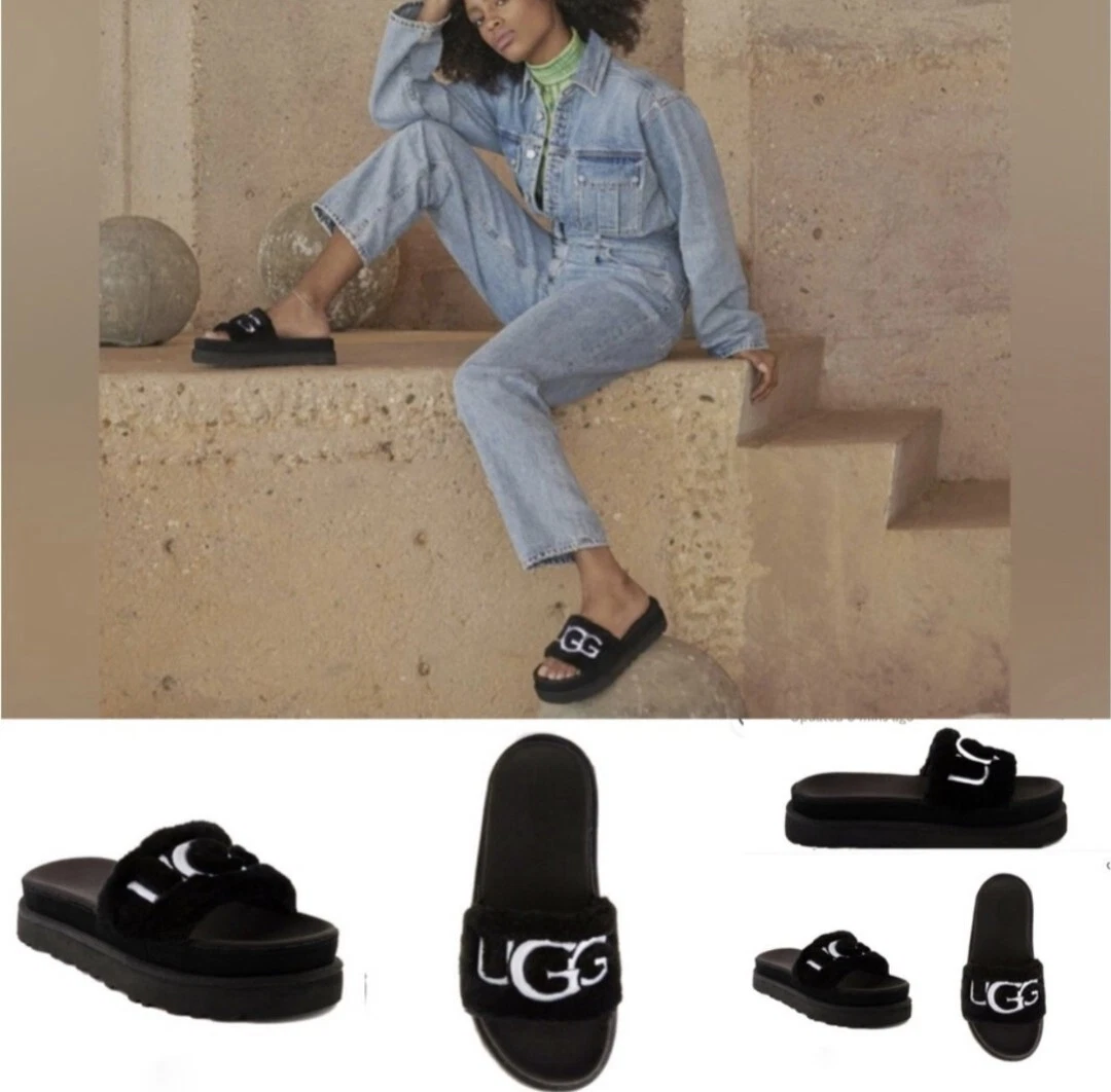 UGG NUOVI sandali donna pelliccia di ottone slide bianco nero 1112336 taglia 10 vendita al dettaglio $109