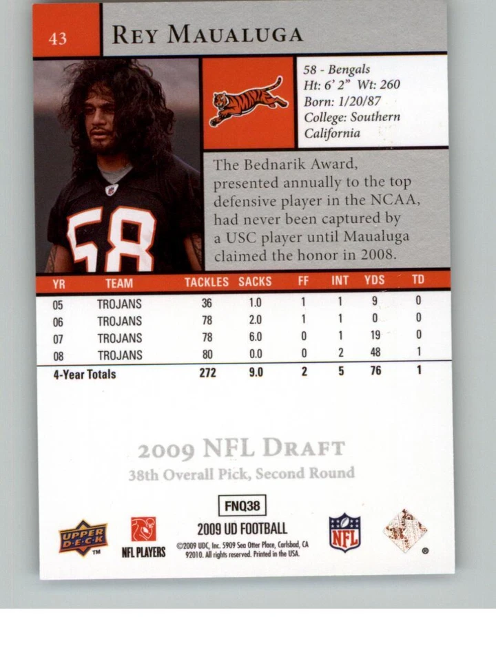 2009 Upper Deck Rookie Exclusives Rey Maualuga 43   Cincinnati Bengals - Image 2 of 2