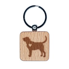 Bloodhound Dog with Heart Engraved Wood Square Keychain Tag Charm