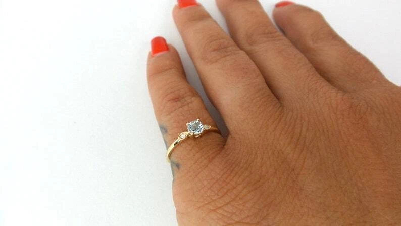 14k Gelbgold Natürlich Aquamarin Und Diamanten Minimalist Damen Zierliche Ring - Bild 4 von 4