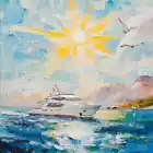 Yacht and Sun Oil Painting Water Luxury Canvas Wall Art Picture Print Colourful