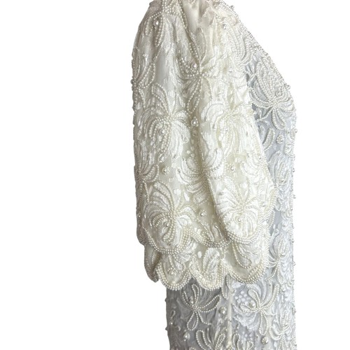 VTG Y2K Womans M Ivory Beaded Lace Wedding Gown Pearls Embroidery Laurence Kazar - Picture 6 of 18