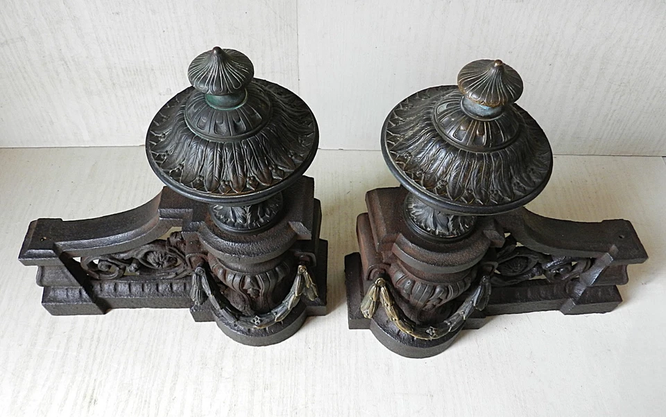 Paire de Chenets  Style Louis XVI Bronze & Fonte XIXe *Devant de Cheminée Ancien - Photo 4/4