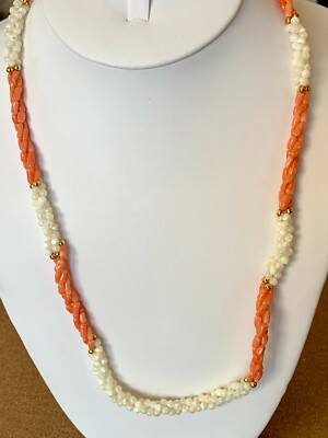 新品未使用　coral pearl necklace Peach Coral Freshwater Seed Pearls 3-strand Twisted Necklace