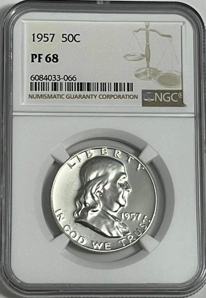1957 NGC PF68 prata prova Franklin meio dólar moeda branca brilhante 50c branco lb - Imagem 3 de 3