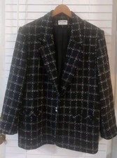 Vtg Alfred Dunner Wool Jacket Womens 16 Black White Tweed Lined Faux Pockets