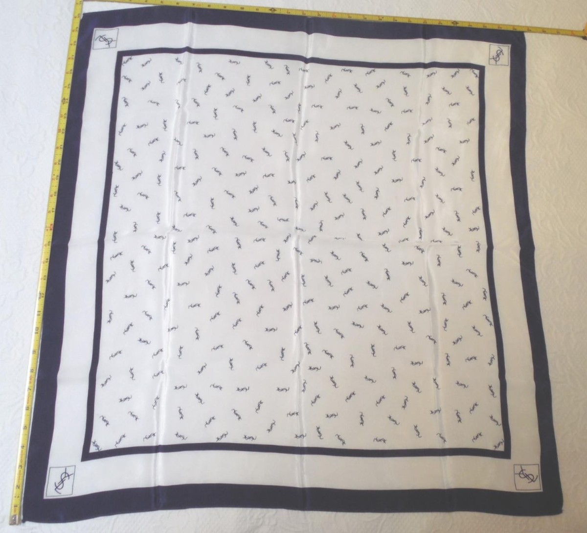 YSL Yves Saint Laurent Navy and White Silk Logo Scarf 29 X 30 in