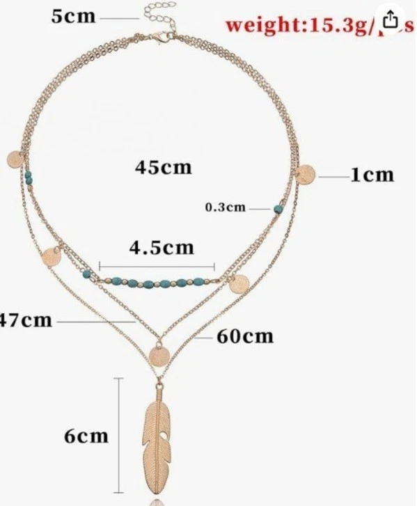 Zara 18K Gold plated new 3 layer necklace chain coin turquoise feather detail - Image 4 of 4