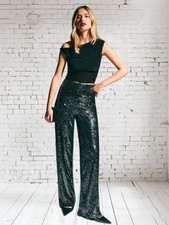 New Look Black Sequin Stretch Wide Leg Trousers Size 8