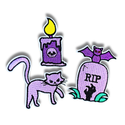 Spooky Cat Patch Trio   3pc Halloween Iron-On Embroidered Appliques (2'')