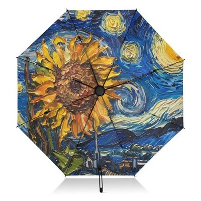 Oil Painting Starry Night Sunflower Folding Umbrella Inverted Umbrella Automa...