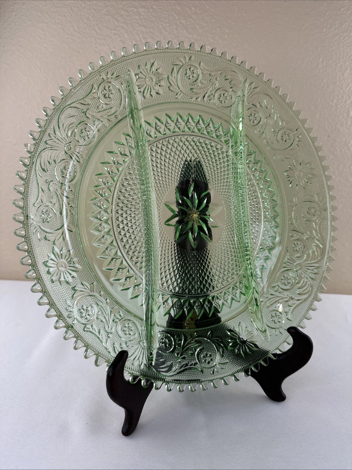 Vintage Indiana Glass Tiara Chantilly Green Sandwich 12" Divided Platter