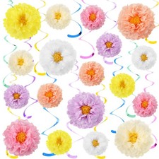 18 Pcs Mexican Paper Flowers Colorful Fiesta Tissue Paper Flowers Pom Poms wi...