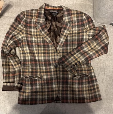 Peruvian Connection Women s Tan Brown Orange Plaid Wool Blazer Jacket Pockets 14