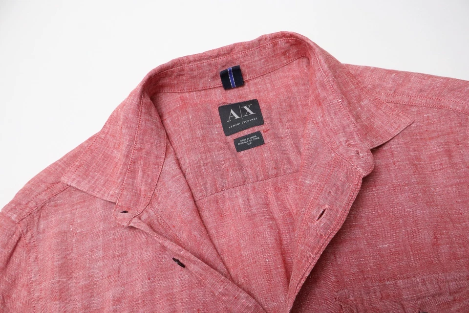 ARMANI EXCHANGE Shirt Men's SMALL Pink Pure Linen Pocket Button Up Short Sleeve - Image 4 of 4
